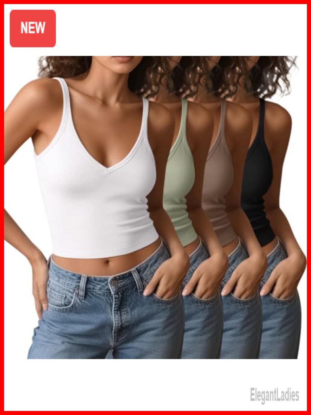 4 Pack V Neck Spaghetti Strap Crop Tank Tops Cotton Fitted Cami